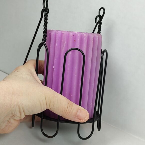 Purple Ribbed Pillar Candle Hanging Black Twisted Wire Holder Lantern Stand Used - Picture 6 of 12